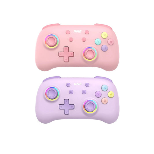 Two pink and purple gaming controllers with rainbow-colored buttons on a white background
