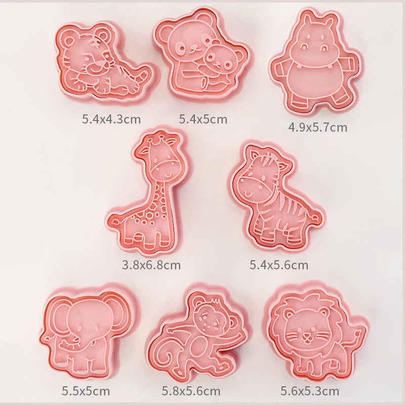 Set of animal-shaped cookie cutters with dimensions on a white background