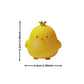 Yellow chick figurine with a gold crown and measurements on a white background