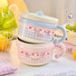 Kawaii ramen bowls stacked on a light background