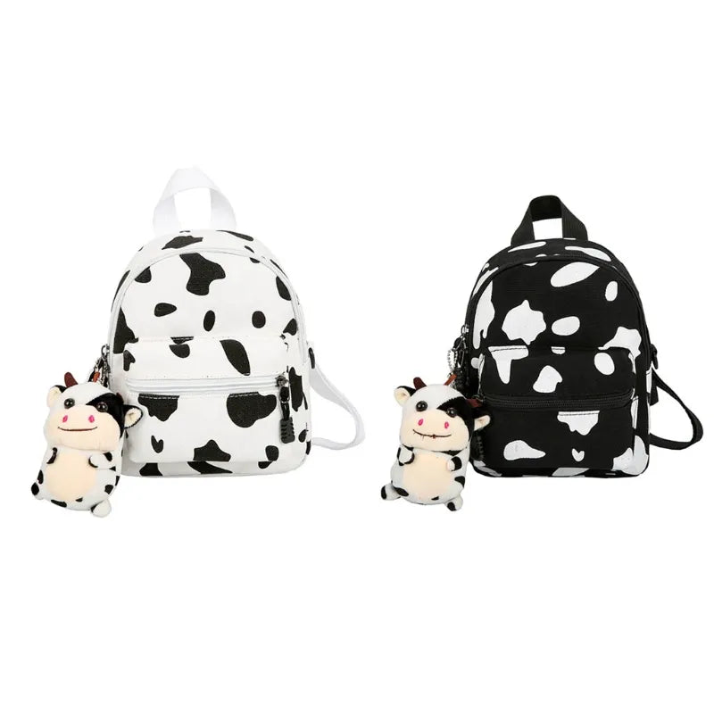 cow print backpack mini Mini Canvas Daypack With Plush Cow Pendant Cow Print Backpack Adorable Backpack For Women Lady Girls Outdoor Travel Shopping (white)(1pcs)