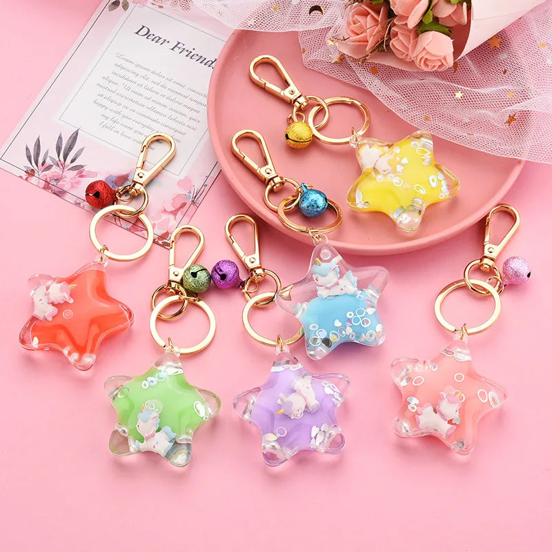 Kawaii assorted colored Sparkle Stars Moving Liquid Keychain 