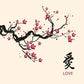 Branch with red flowers and Chinese character '爱' (love) on a beige background