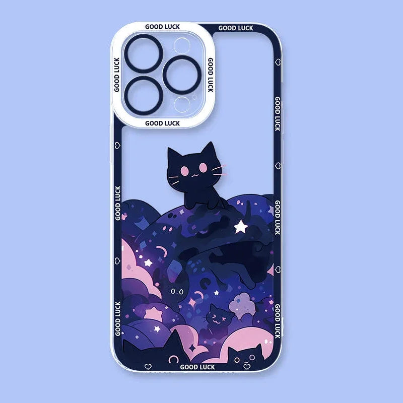 Kawaii Phone case with black cat design and 'Good Luck' text on a blue background