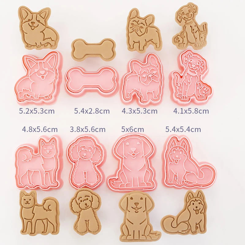 Set of dog-shaped cookie cutters with measurements on a white background