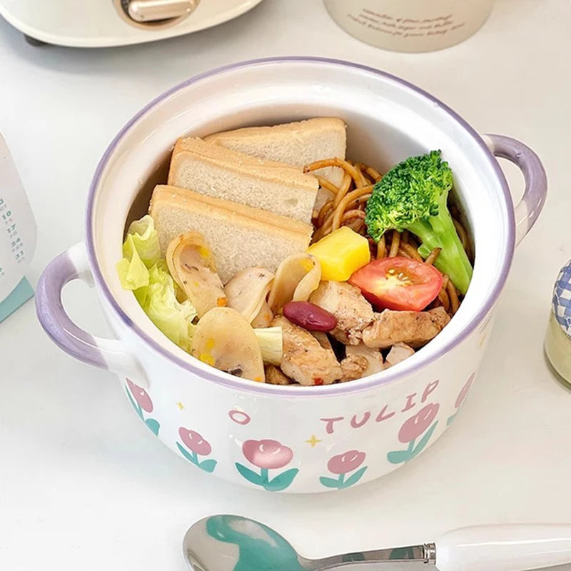 Kawaii pink and purple Flower Ramen Bowl with cooked food and vegetables 
