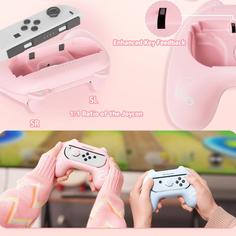 Pink gaming controller with close-up details and hands holding it in front of a screen.