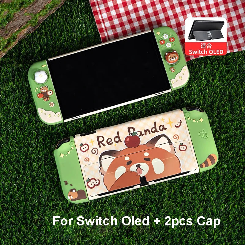 Green gaming console case with red panda design on grass
