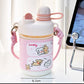 Pink water bottle with cartoon designs and measurements on a white background