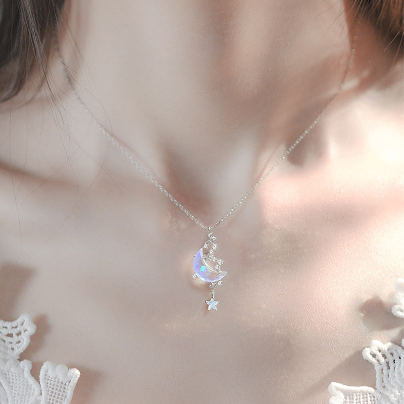 Model Wearing Kawaii Glazed Stone Moon Pendant Necklace