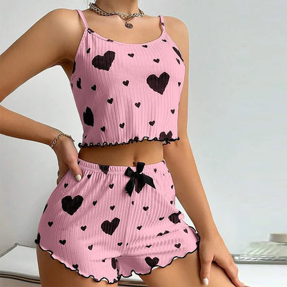 Kawaii Sweet Heart Pajama Top & Shorts set pink front view 