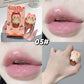 Collage of a lip gloss product with packaging, applied on lips, and held in hand.