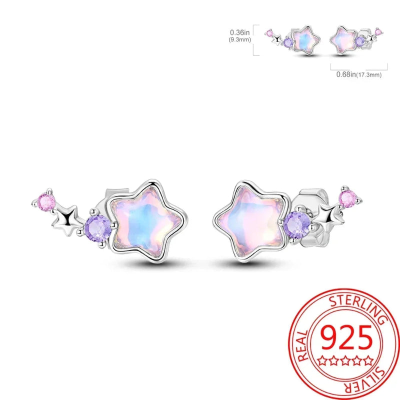 Star-shaped earrings with gemstones on a white background, featuring a 'Real Sterling 925' stamp.