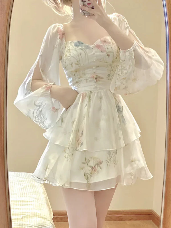 ★韓国人気★I AM MARI★ETORUE FLOWER CHIFFON DRESS R.Vivimos Women Chiffon Print V Neck Long Sleeve Tie Waist