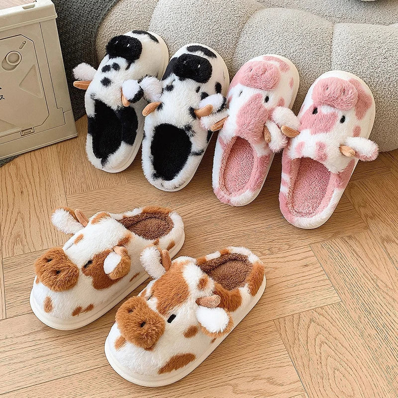 Kawaii Cute Cow Slippers in black, pink and brown colors 
