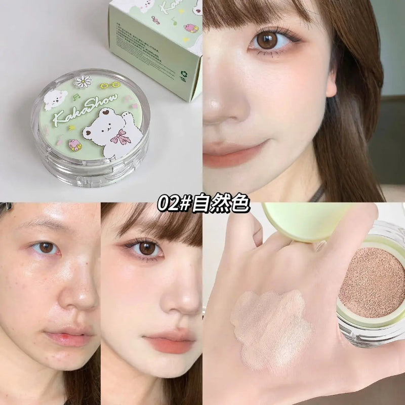 Collage of a cosmetic product with close-ups of a woman applying it, showing before and after effects.