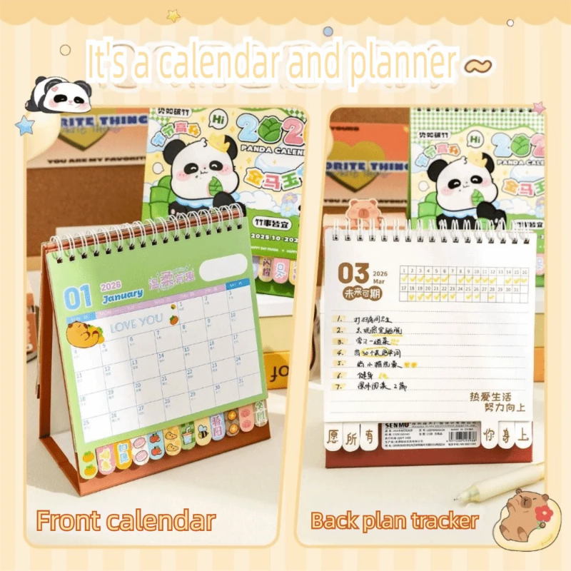 Front view and Back view of the Kawaii Panda 2026 Desk Calendar