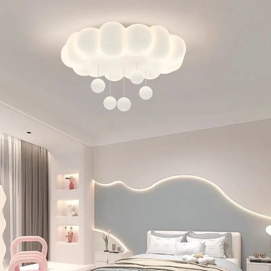 Modern bedroom with cloud-shaped ceiling light fixture