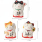 Three ceramic cat figurines with text and measurements on a white background, branded 'Wontive'.