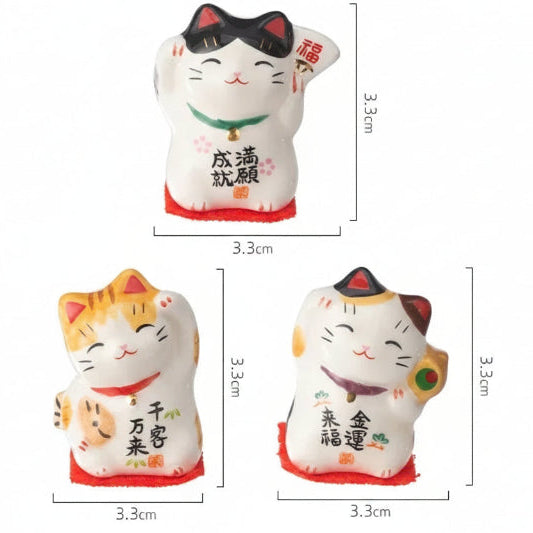 Three ceramic cat figurines with text and measurements on a white background, branded 'Wontive'.