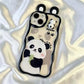 kawaii panda samsung phone case is displayed on a white silk background with ears attached to the case and the panda is stood holding bamboo