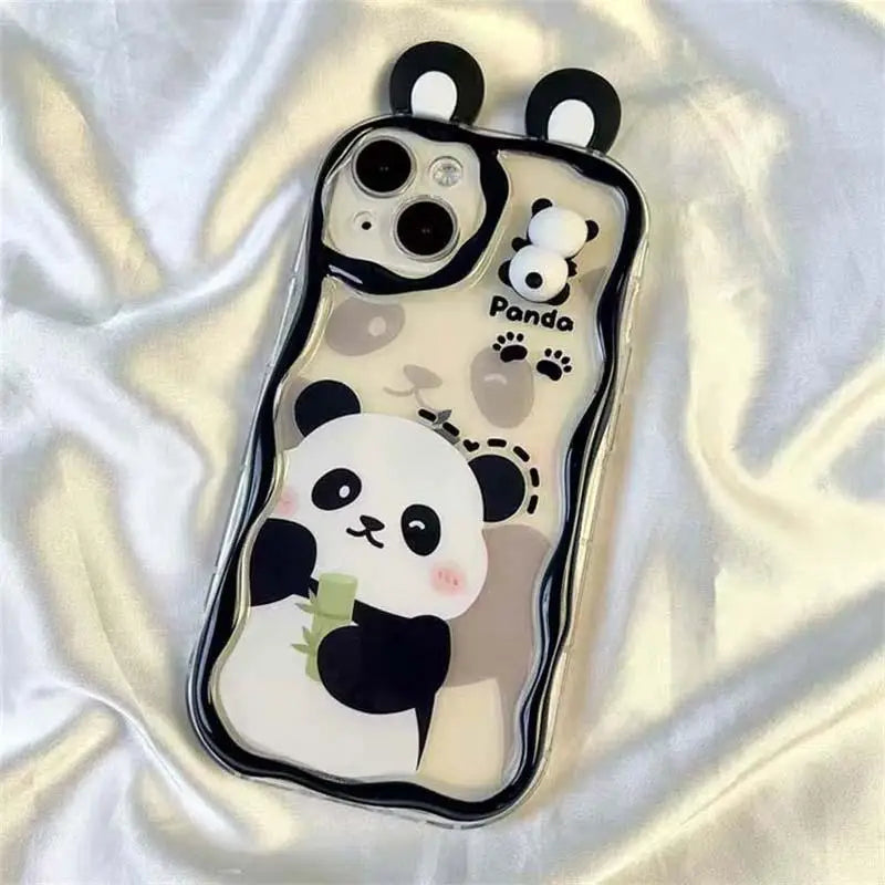 kawaii panda samsung phone case is displayed on a white silk background with ears attached to the case and the panda is stood holding bamboo