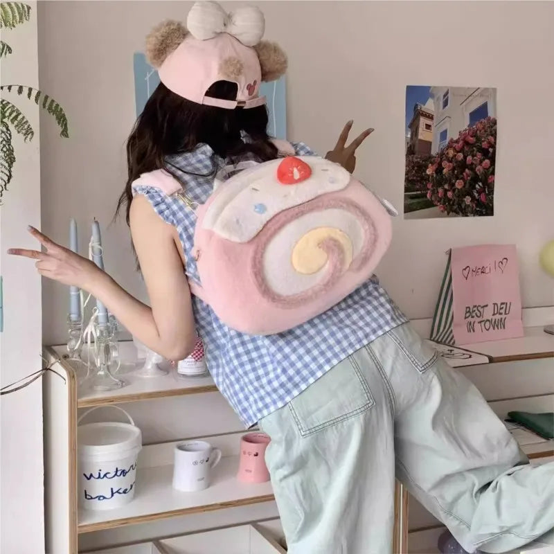 Person wearing a large, plush, swiss roll-like backpack in a room with shelves and decor.