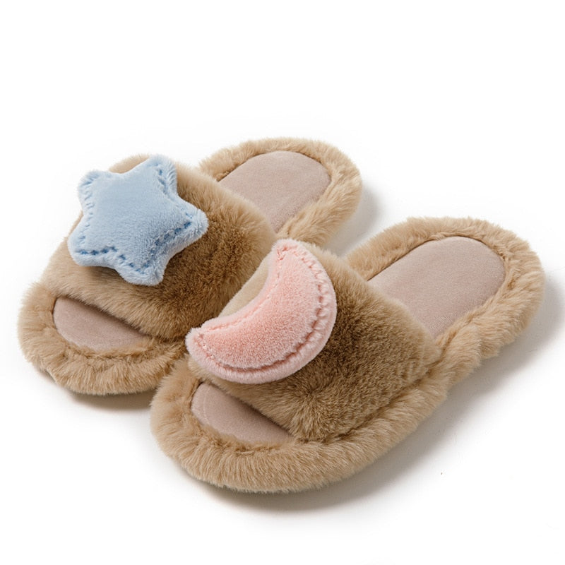 Kawaii Moon & Star Cotton Slippers in Brown