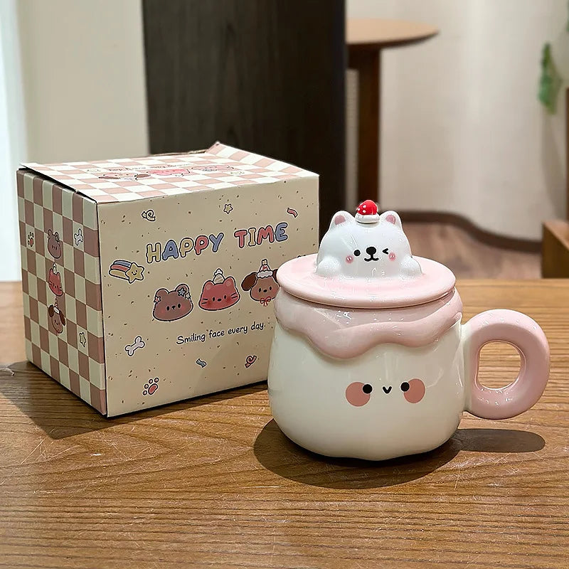 Pink and White Kawaii Animal Pudding Ceramic Mug sitting on a countertop 