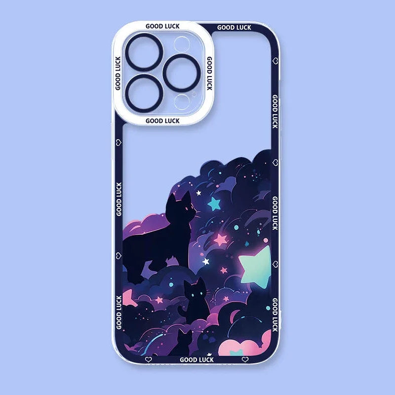 Kawaii Phone case with black cat design and 'Good Luck' text on a blue background