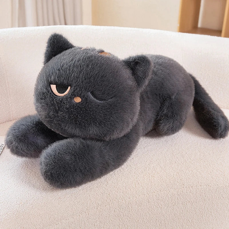 Gray Kawaii sleepy cat body pillow plushie winking 