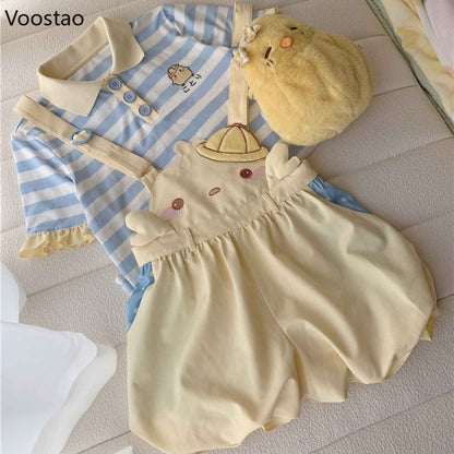 Kawaii Baby Chick Embroidery Overalls Shorts