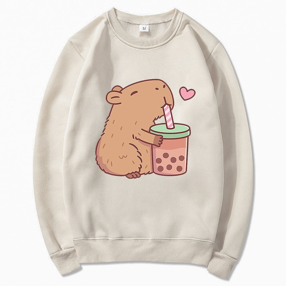 Kawaii Beige Capybara Loves Boba Tea Sweater