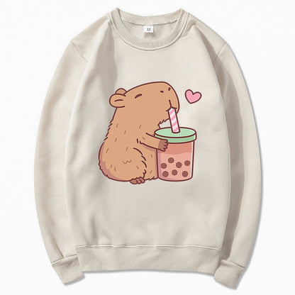 Kawaii Beige Capybara Loves Boba Tea Sweater