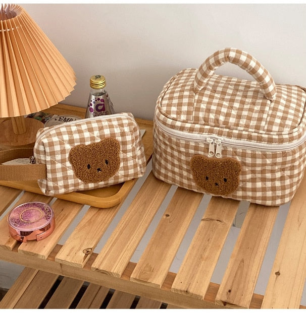 Kawaii Gingham Teddy Bear Cosmetics Bags
