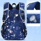 Backpack with space-themed design on a blue background