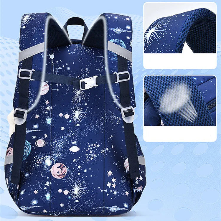 Backpack with space-themed design on a blue background