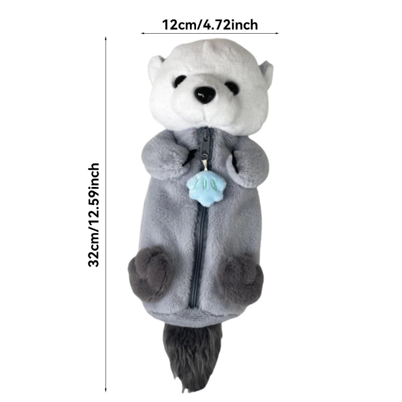 Kawaii otter plush pal pencil case displayed on a white background with measurements.