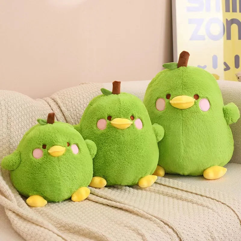 Front view of Kawaii  Cute Duck Peak Plushies in green in a sitting area  