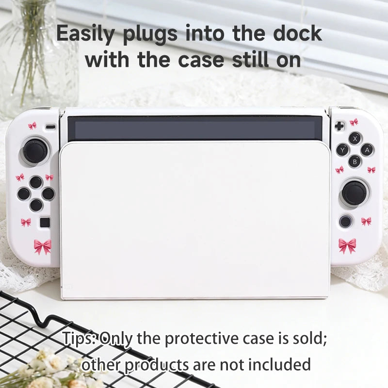 This image is displaying that the Cute Pink Bows Switch Case does not need to be removed when docking.