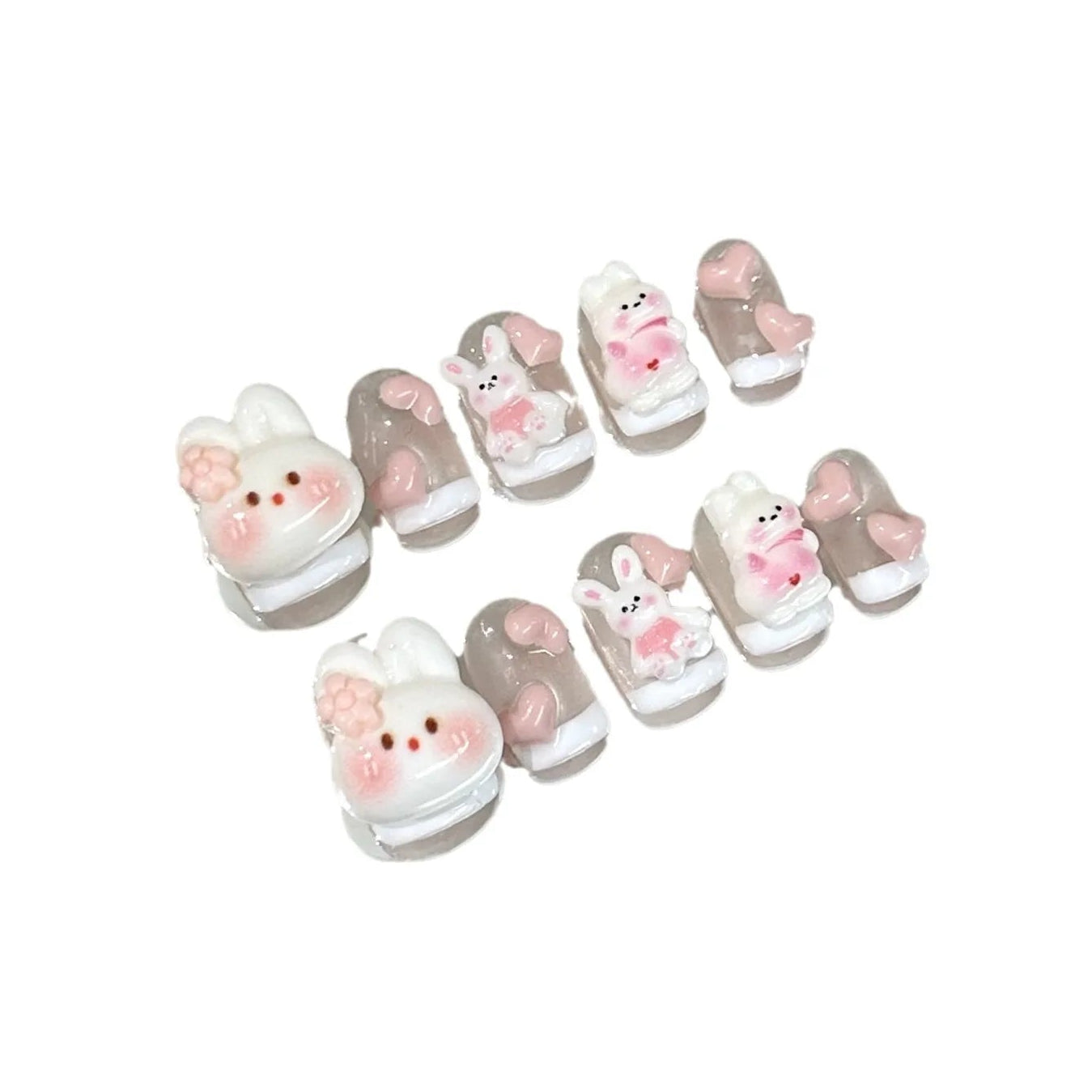 Set of 10 kawaii bunny with flowers and hearts press on nails 