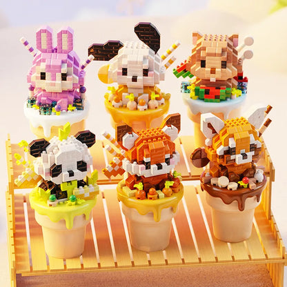 kawaii ice cream building block animals displayed on a set or trays made out of bamboo.