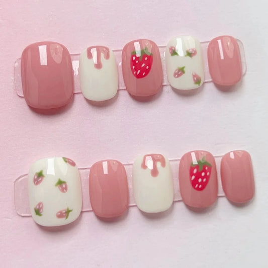 Pink & White Strawberry Press On Nails