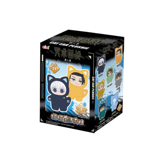 Box of cat-themed blind box plush toys with character illustrations on a white background