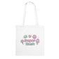 White tote bag with 'Sugar Rush' text and candy-themed kawaii graphics on a white background