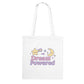White tote bag with 'Dream Powered' text and graphics on a white background