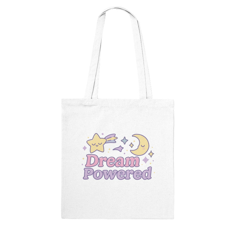 White tote bag with 'Dream Powered' text and graphics on a white background