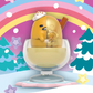 Sanrio Snowy Dreams Blind Box, Gudetama figurine displayed on a wintery cartoon background.