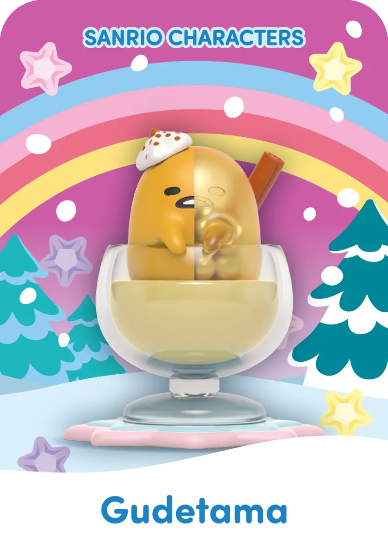 Sanrio Snowy Dreams Blind Box, Gudetama figurine displayed on a wintery cartoon background.