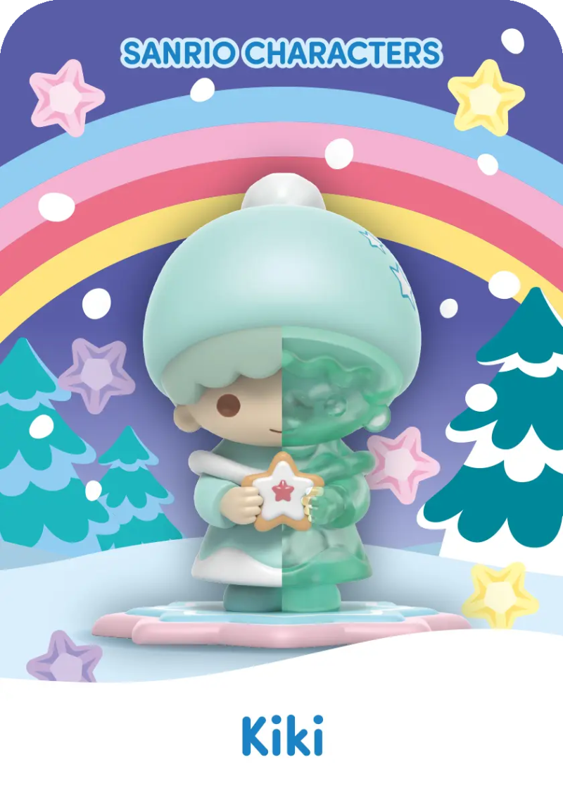 Sanrio Snowy Dreams Blind Box, Kiki figurine displayed on a wintery cartoon background.